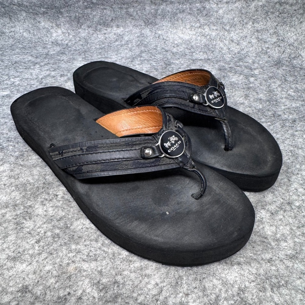 Coach Signature Jasmine Leather Metal Flip Flops Womens Sz 8B Sandal Black